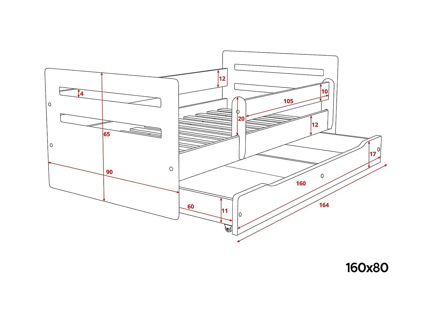 Lit enfant avec barrière de sécurité amovible blanc Moly-Matelas mousse-80x160-Tiroirs Avec tiroir