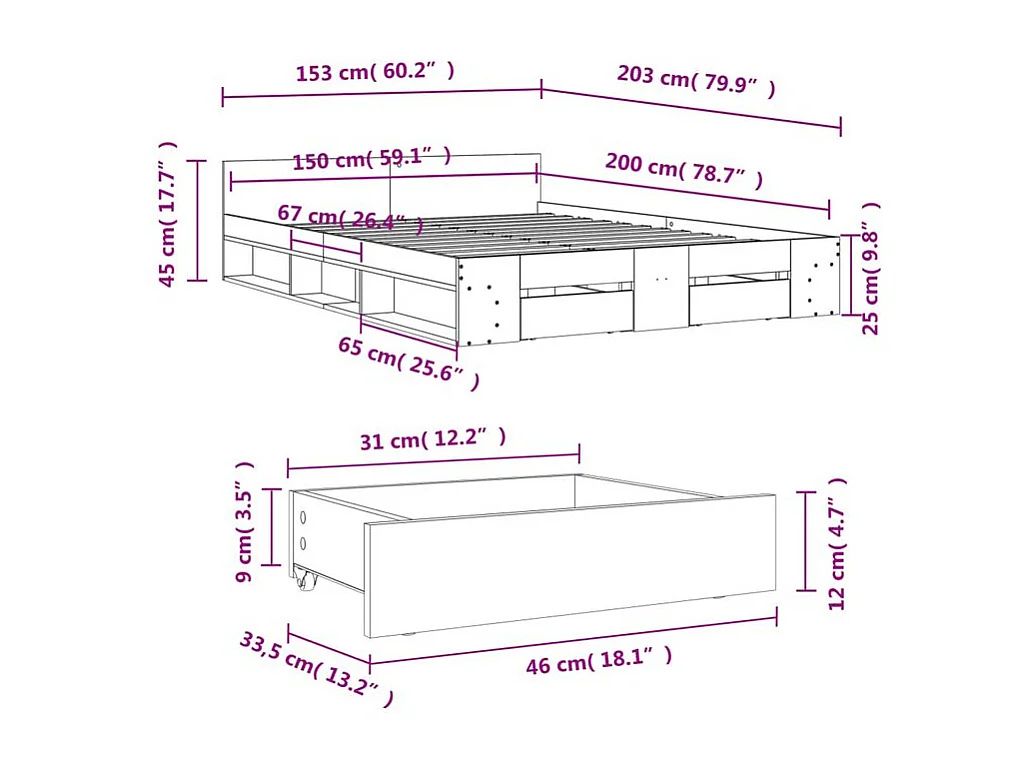Cadre de lit avec tiroirs noir 150x200 bois d'ingénierie
