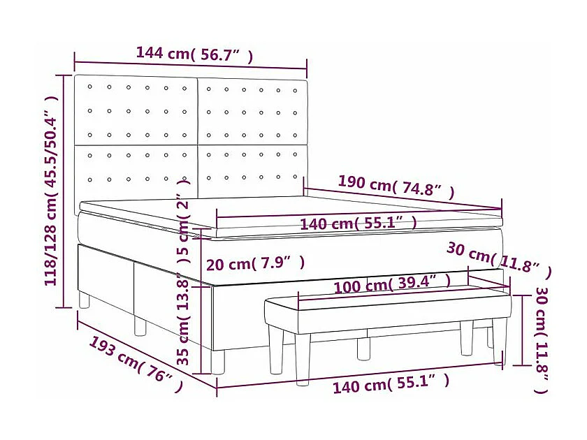Sommier à lattes de lit et matelas Gris foncé 140x190 Velours