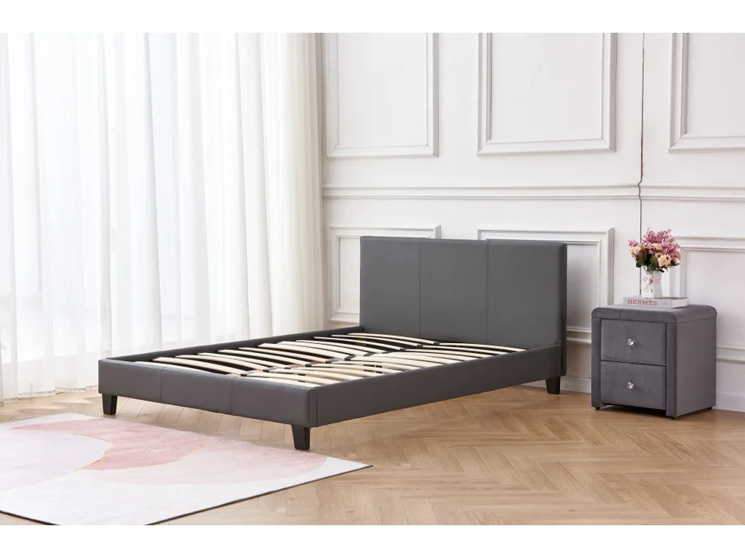 Lit double simili cuir Diag-Couleur Gris-160x200