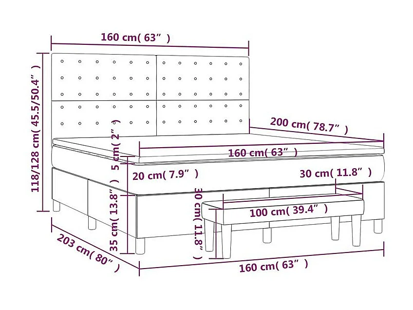 Sommier à lattes de lit et matelas Gris foncé 160x200 Velours