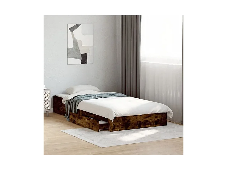 Cadre de lit et tiroirs chêne fumé 90x200 bois d'ingénierie