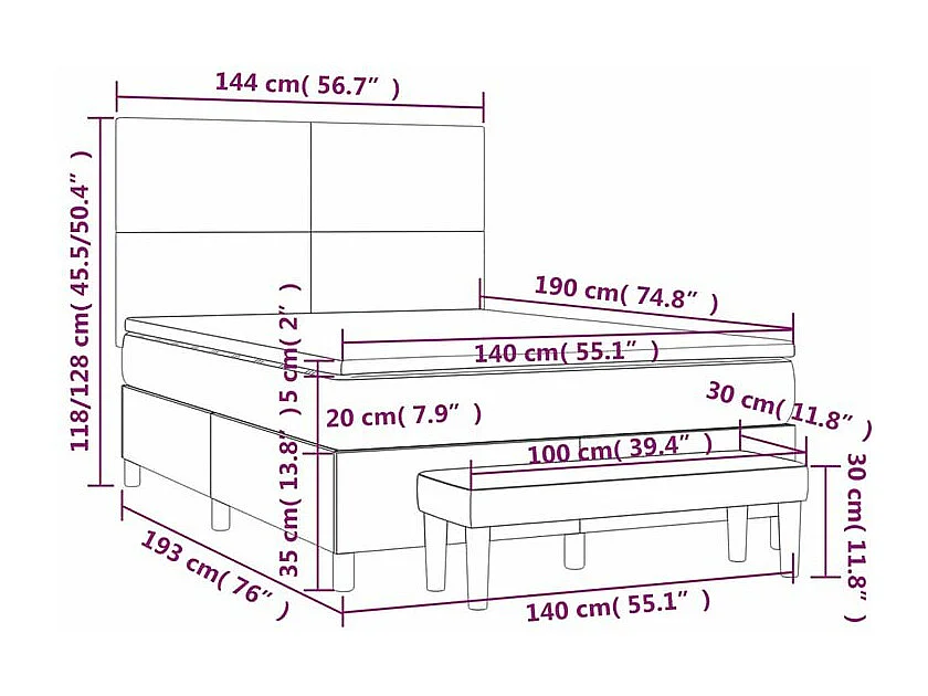 Sommier à lattes de lit et matelas Gris clair 140x190 Velours