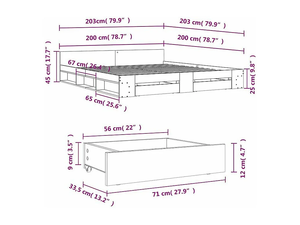 Cadre de lit avec tiroirs blanc 200x200 bois d'ingénierie