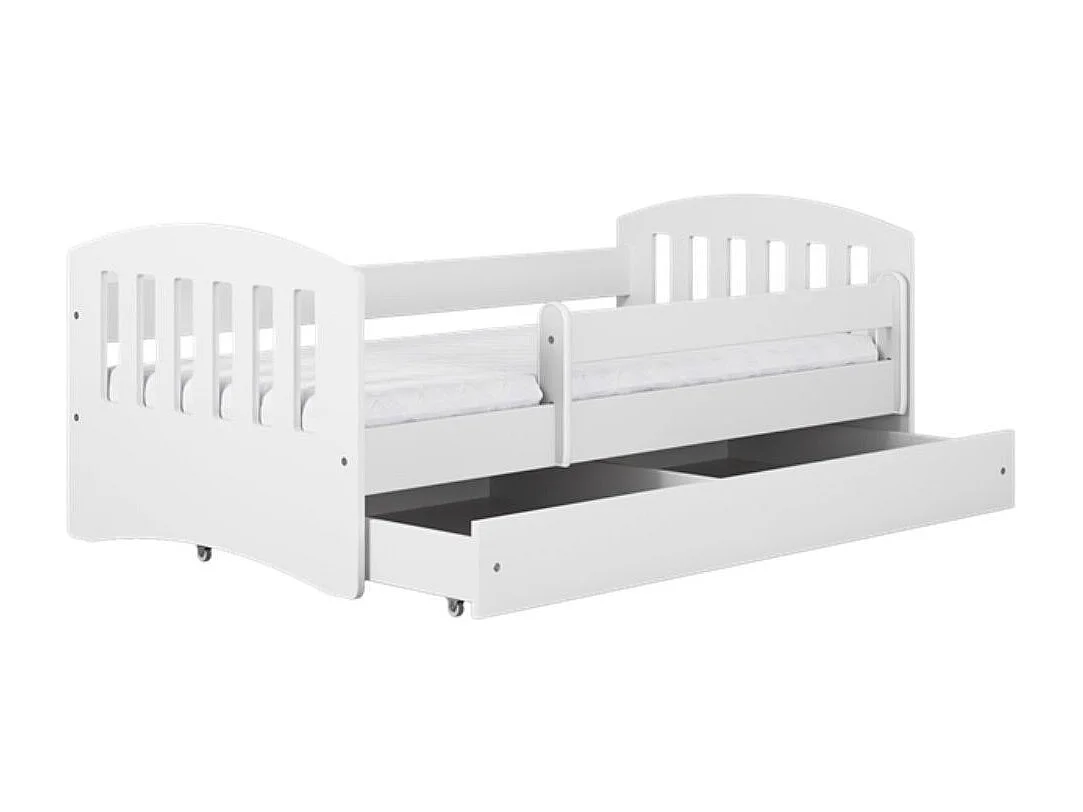 Cama infantil con barrera de seguridad extraíble blanca Klaky-Colchones de espuma-Ropa de cama 80x180 cm-Cajones Con cajón