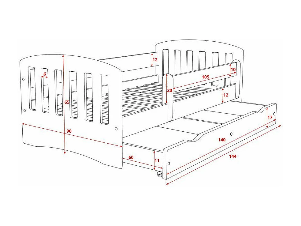 Cama infantil con barrera de seguridad extraíble blanca Klaky-Colchones de espuma-Ropa de cama 80x180 cm-Cajones Con cajón