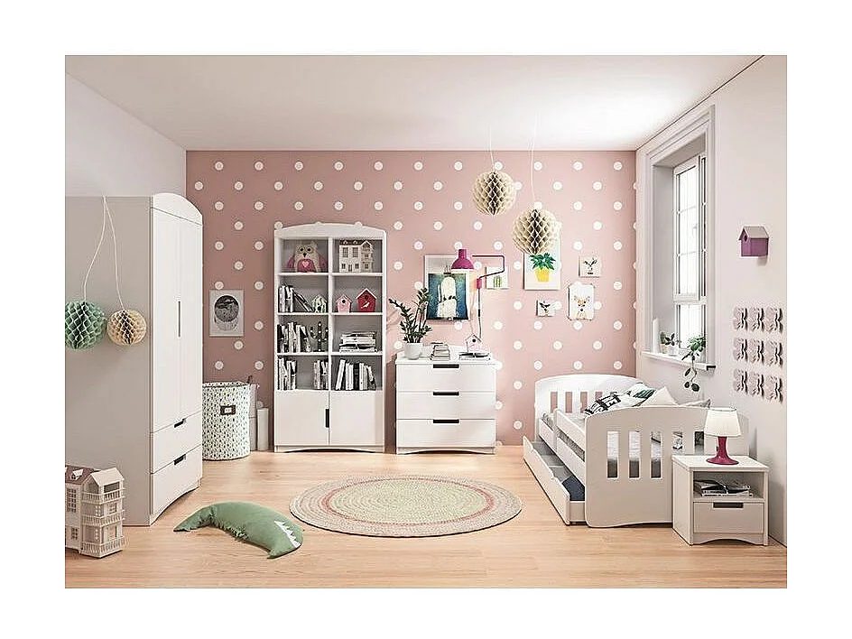 Lit enfant avec barrière de sécurité amovible blanc Klaky-Matelas mousse-80x180-Tiroirs Avec tiroir