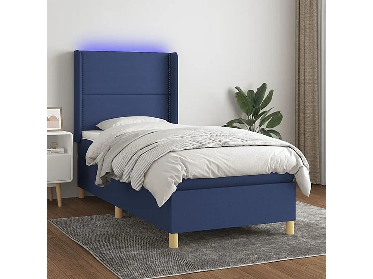 Sommier à lattes de lit matelas et LED Bleu 90x200 Tissu