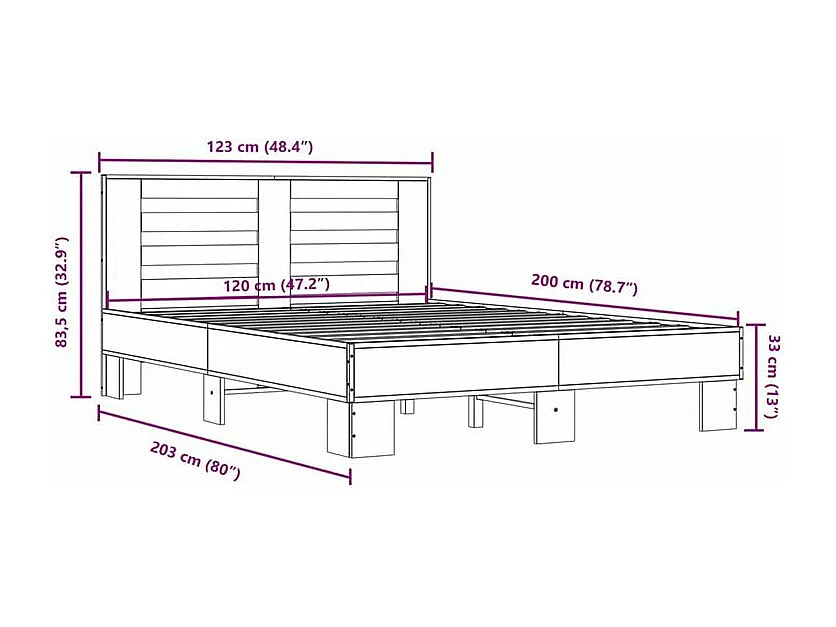 Cadre de lit chêne marron 120x200 bois d'ingénierie et métal