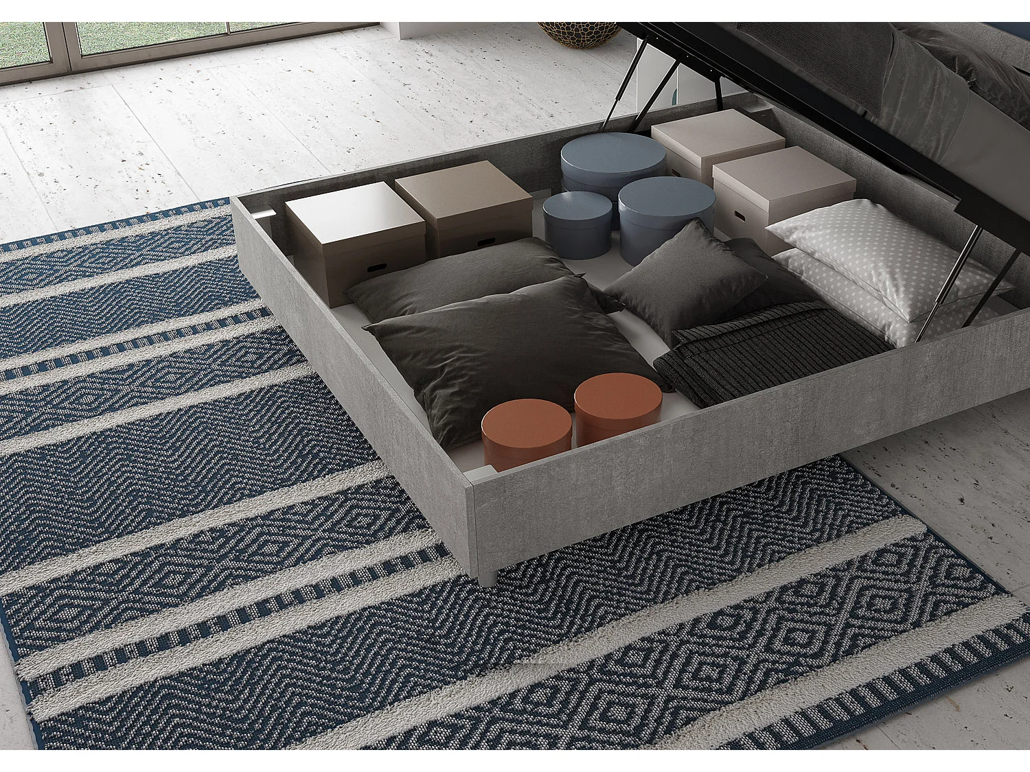 Renoma houten bed met schuin hoofdbord-Kleur Grijs-Slapen 160x200cm-Versie opslagruimte