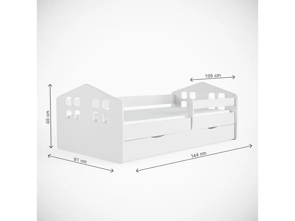 Kinderbedje in de vorm van een wit huis Beno-Schuim matras-Slapen 80x180cm-Laden Zonder lade