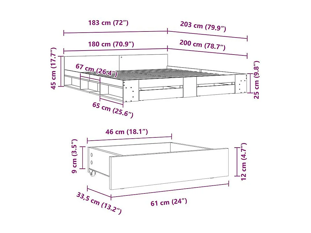 Cadre de lit avec tiroirs noir 180x200 bois d'ingénierie