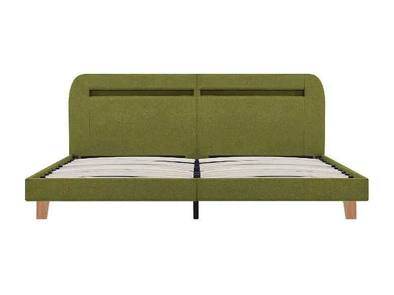 Lit adulte à LED tissu vert et pieds bois massif clair Indie 180x200