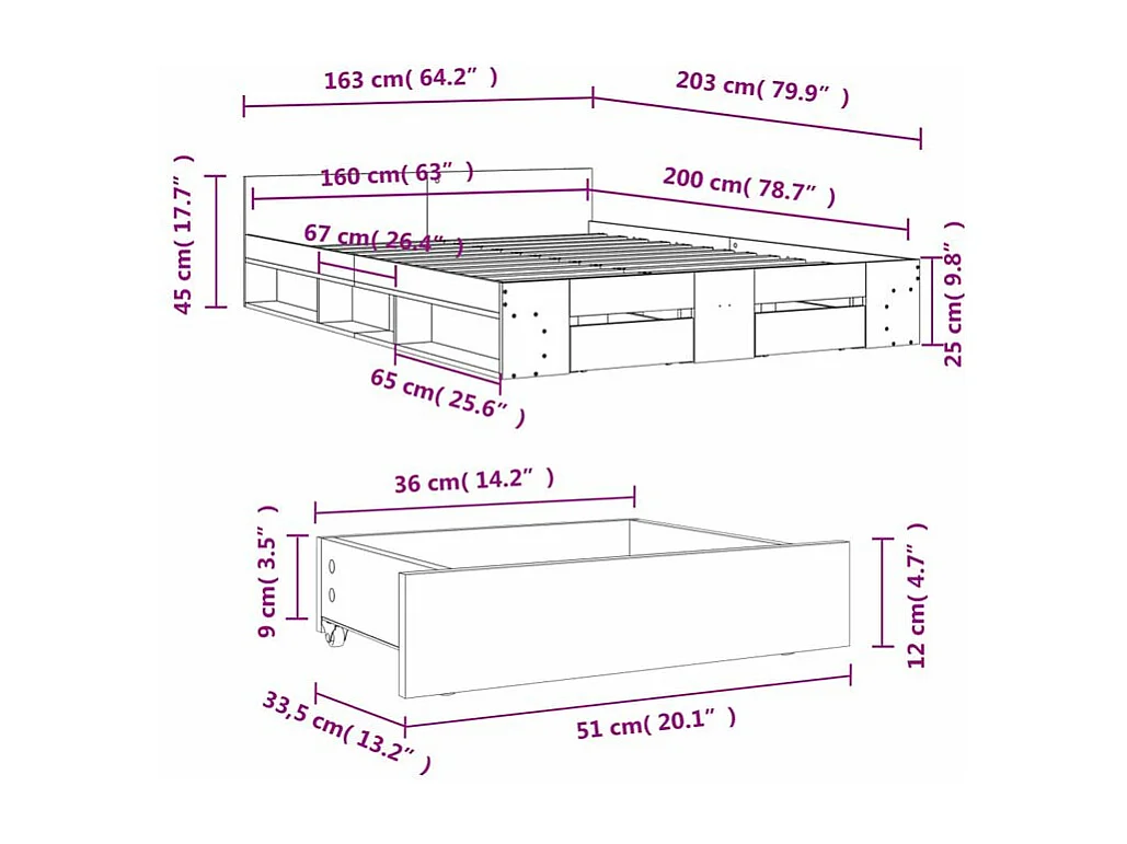 Cadre de lit à tiroirs chêne sonoma 160x200 bois d'ingénierie