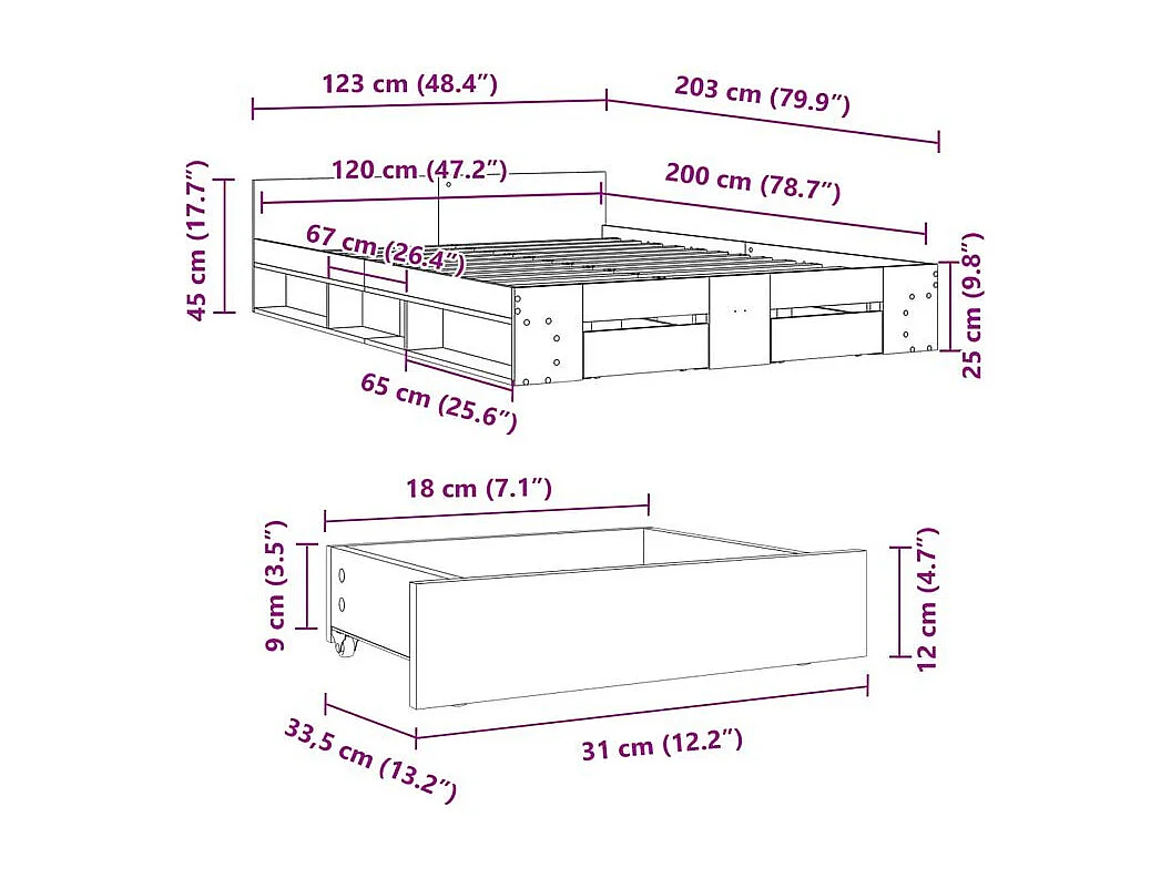 Cadre de lit et tiroirs chêne sonoma 120x200 bois ingénierie