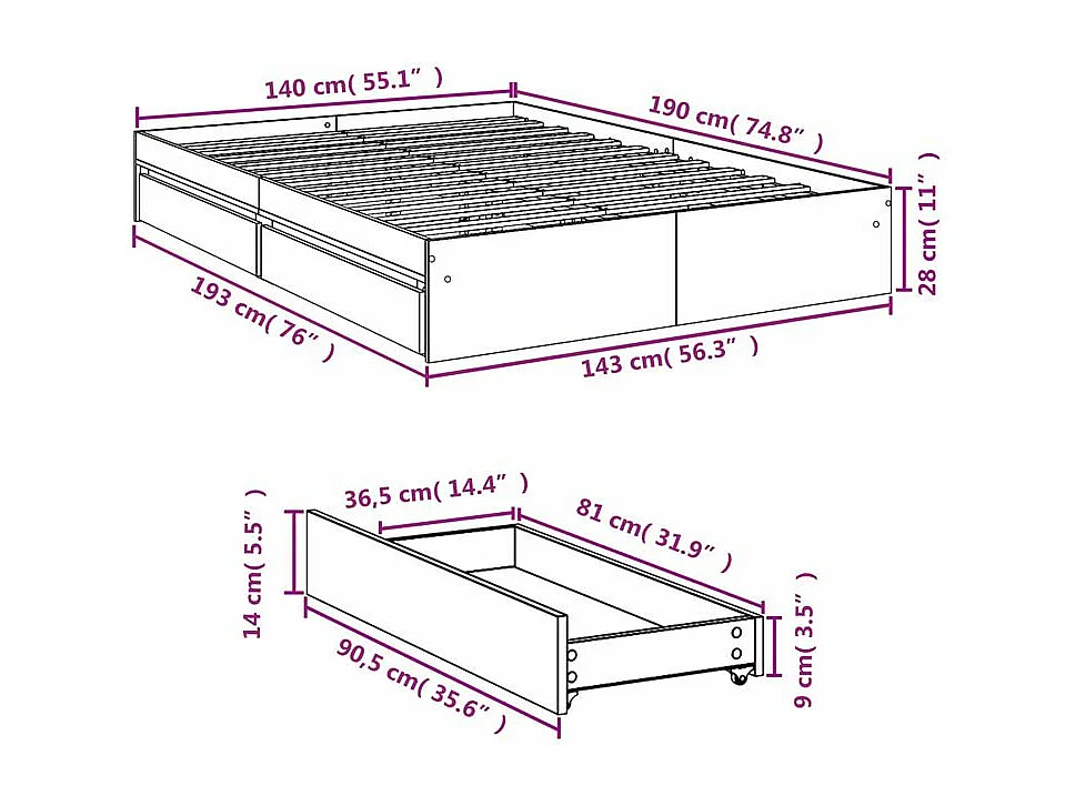 Cadre de lit à tiroirs noir 140x190 bois d'ingénierie