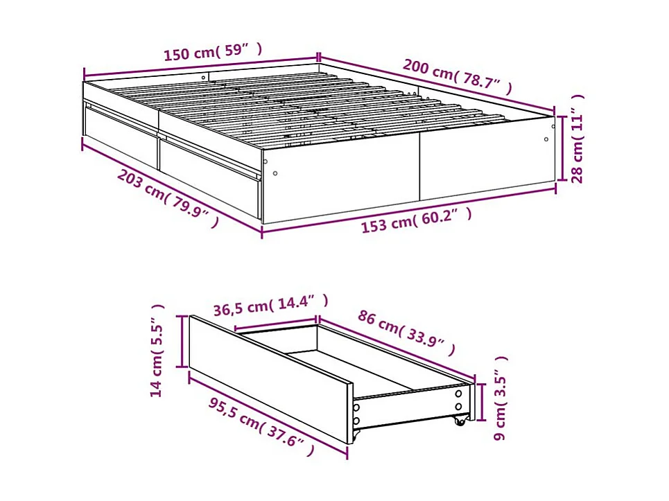 Cadre de lit et tiroirs chêne sonoma 150x200 bois ingénierie