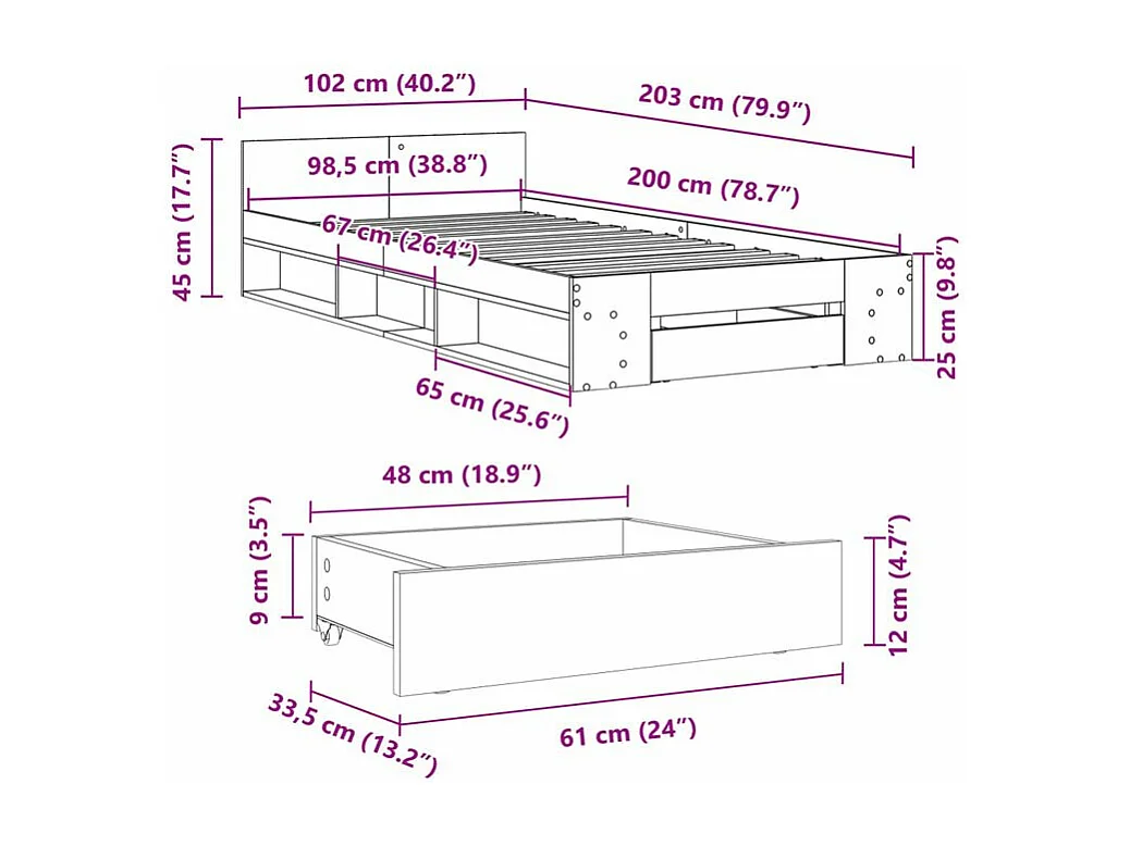 Cadre de lit et tiroir gris béton 100x200 bois d'ingénierie