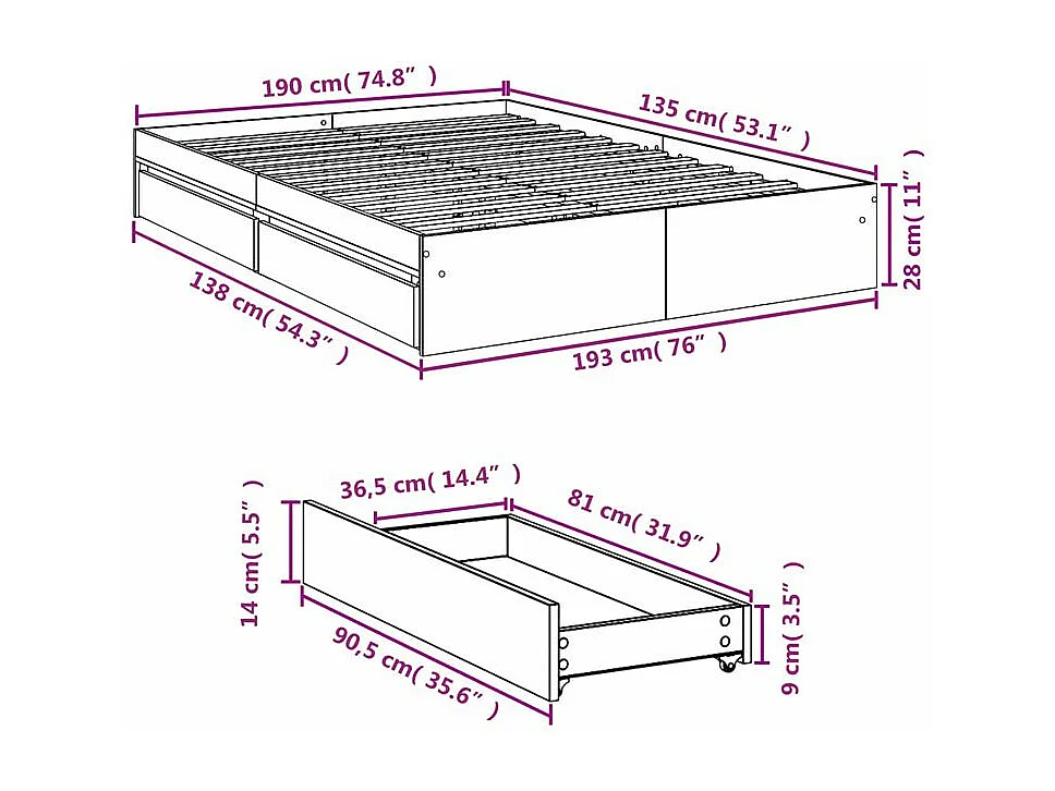 Cadre de lit et tiroirs sonoma gris 135x190 bois ingénierie