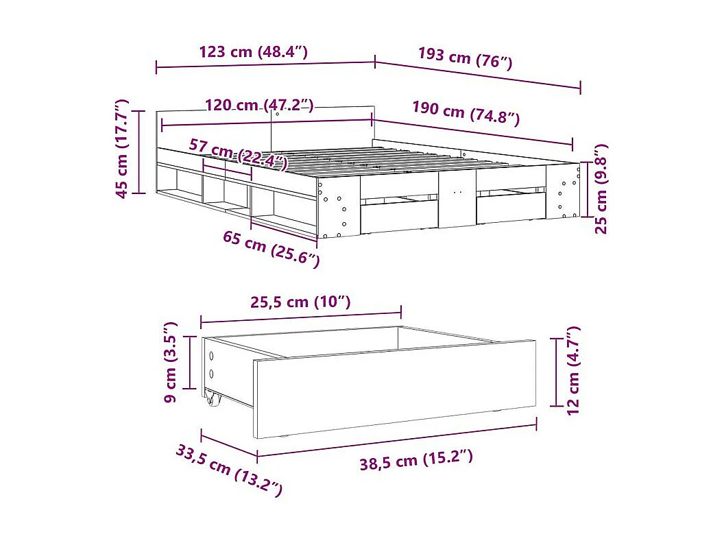Cadre de lit et tiroirs gris béton 120x190 bois d'ingénierie