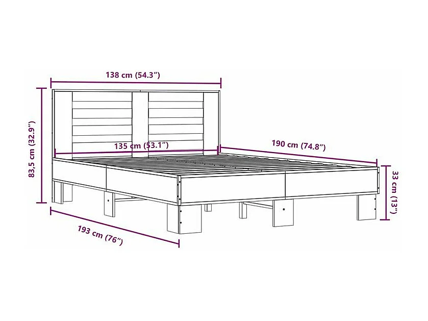 Cadre de lit sonoma gris 135x190 bois d'ingénierie et métal