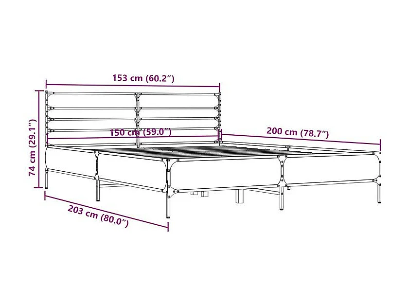 Cadre de lit chêne fumé 150x200 bois d'ingénierie et métal