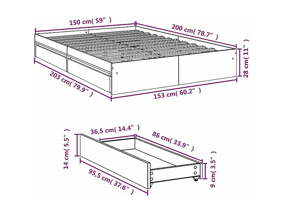 Cadre de lit avec tiroirs noir 150x200 bois d'ingénierie