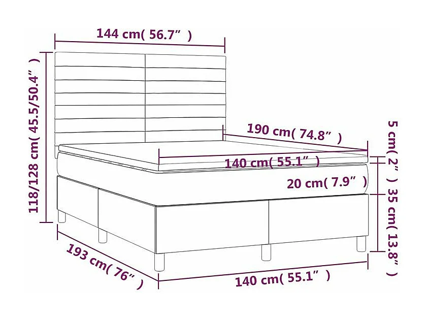 vidaXL Cama box spring colchón y luces LED tela gris claro 140x190 cm