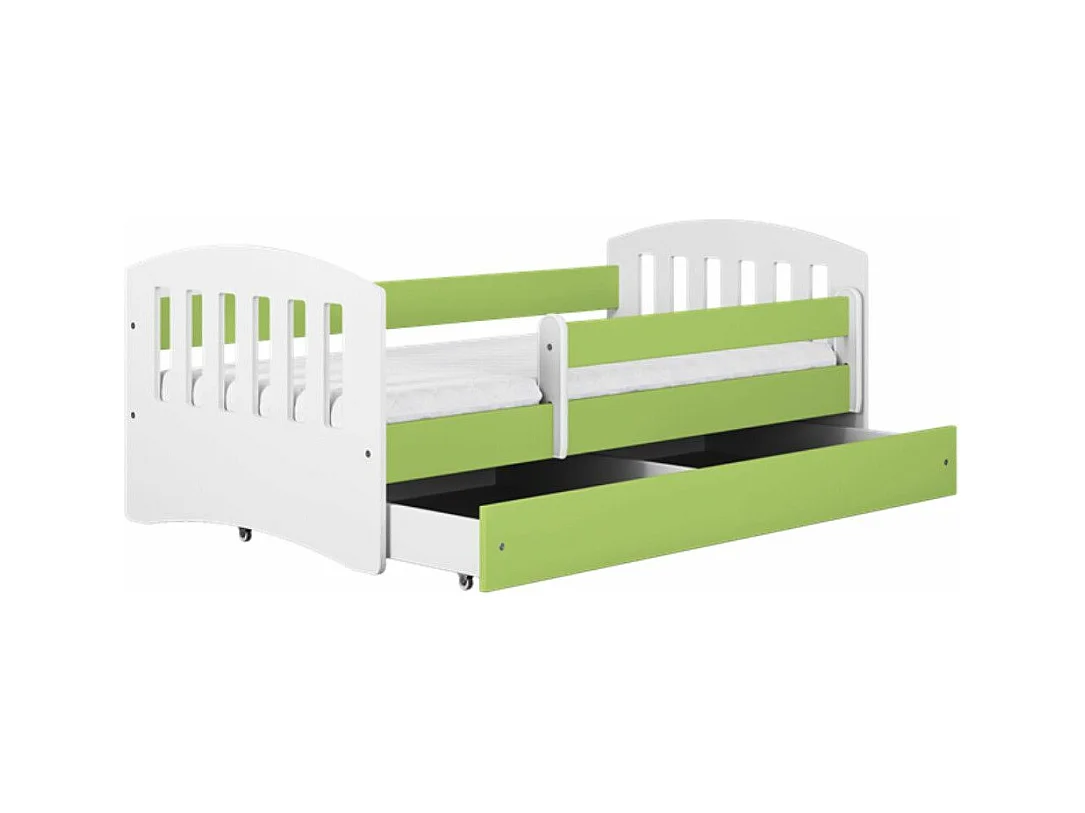 Lit enfant avec barrière de sécurité amovible vert Klaky-Matelas mousse-80x140-Tiroirs Avec tiroir