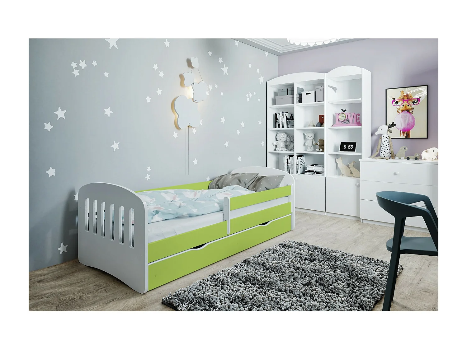 Lit enfant avec barrière de sécurité amovible vert Klaky-Matelas mousse-80x140-Tiroirs Avec tiroir