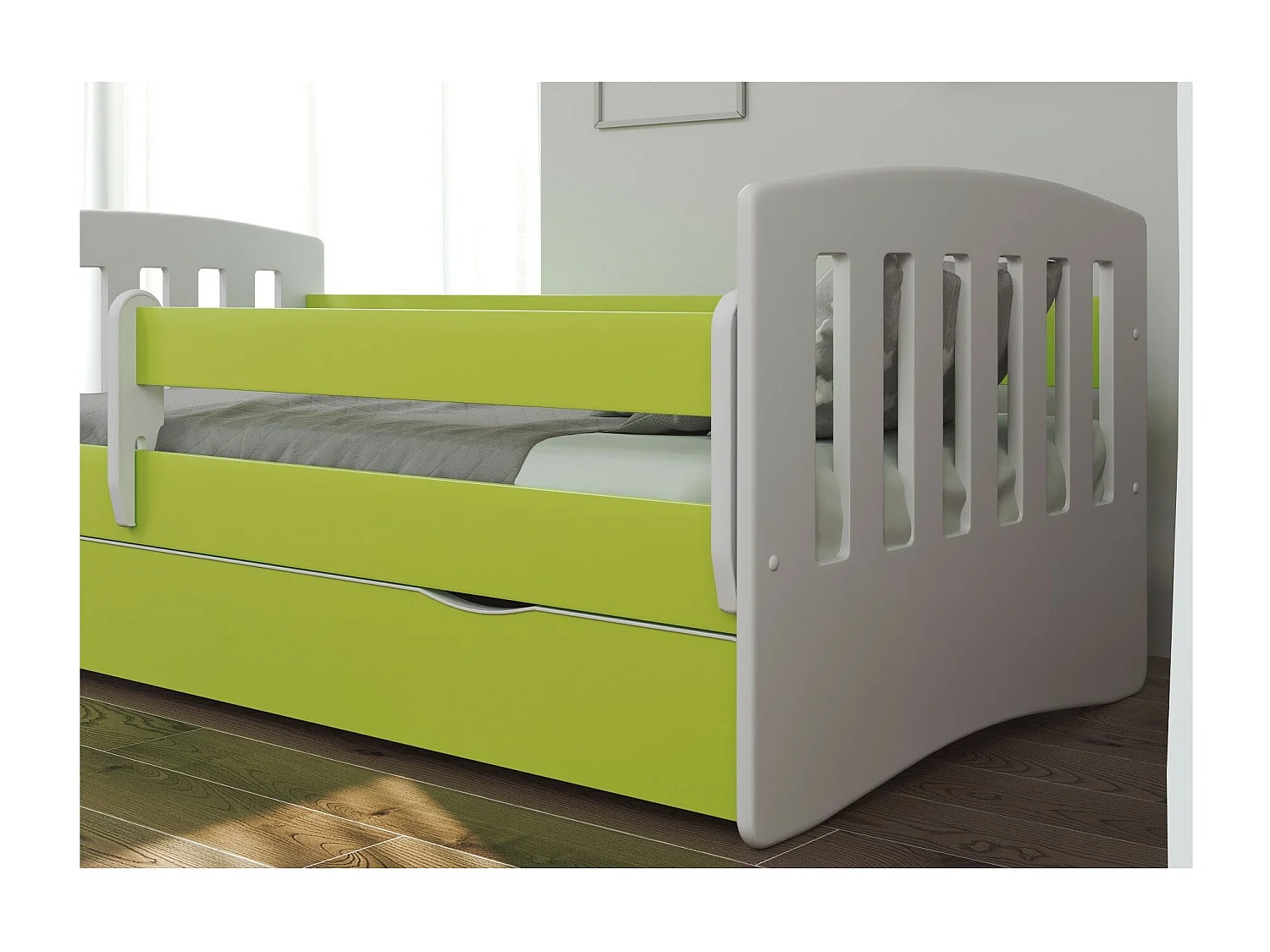Lit enfant avec barrière de sécurité amovible vert Klaky-Matelas mousse-80x140-Tiroirs Avec tiroir