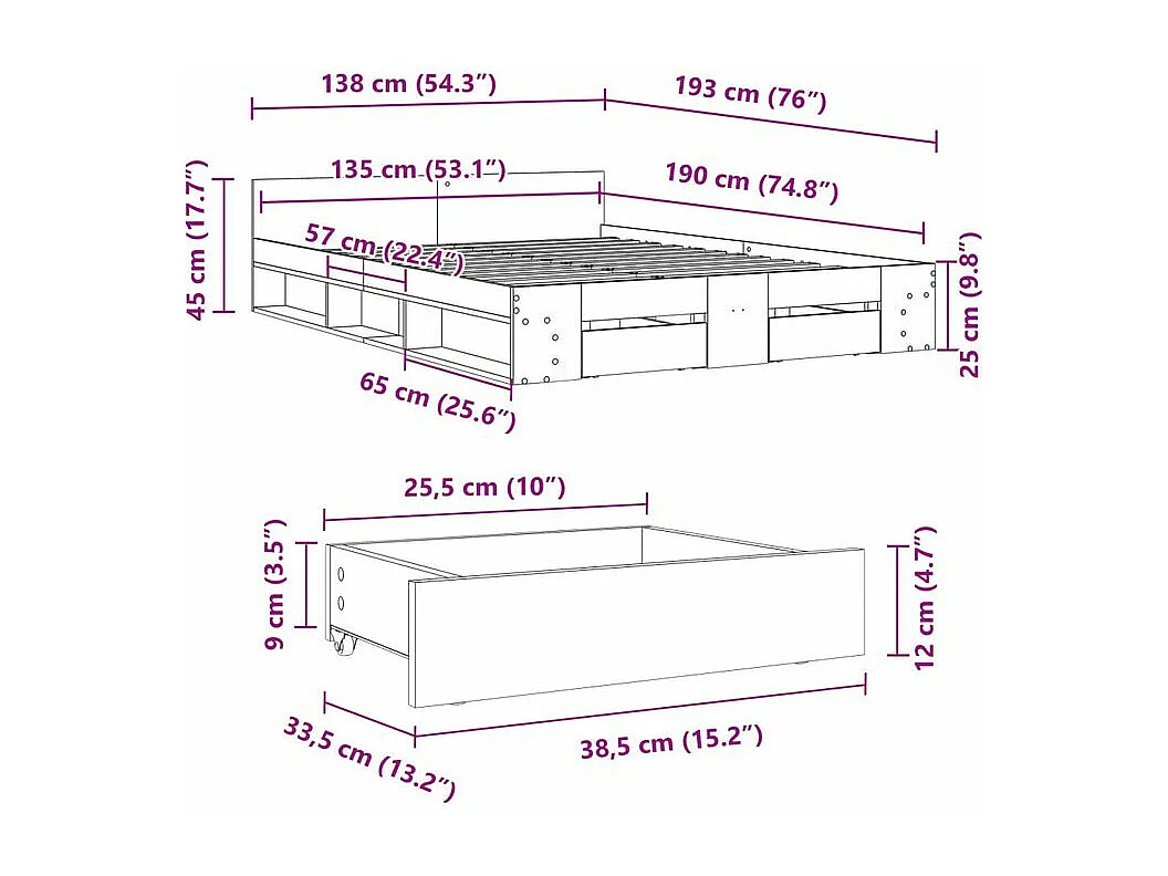 Cadre de lit et tiroirs chêne sonoma 135x190 bois ingénierie