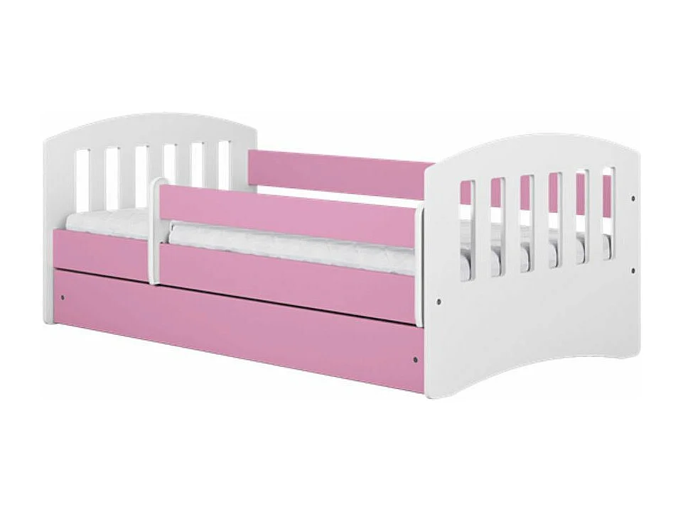 Lit enfant avec barrière de sécurité amovible rose Klaky-Matelas mousse-80x160-Tiroirs Avec tiroir