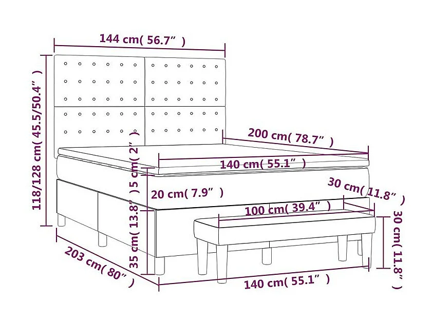 Sommier à lattes de lit avec matelas Noir 140x200 Tissu