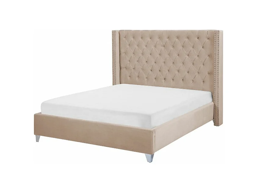 Lit capitonné Chesterfield velours Klouto-Couleur Beige-180x200