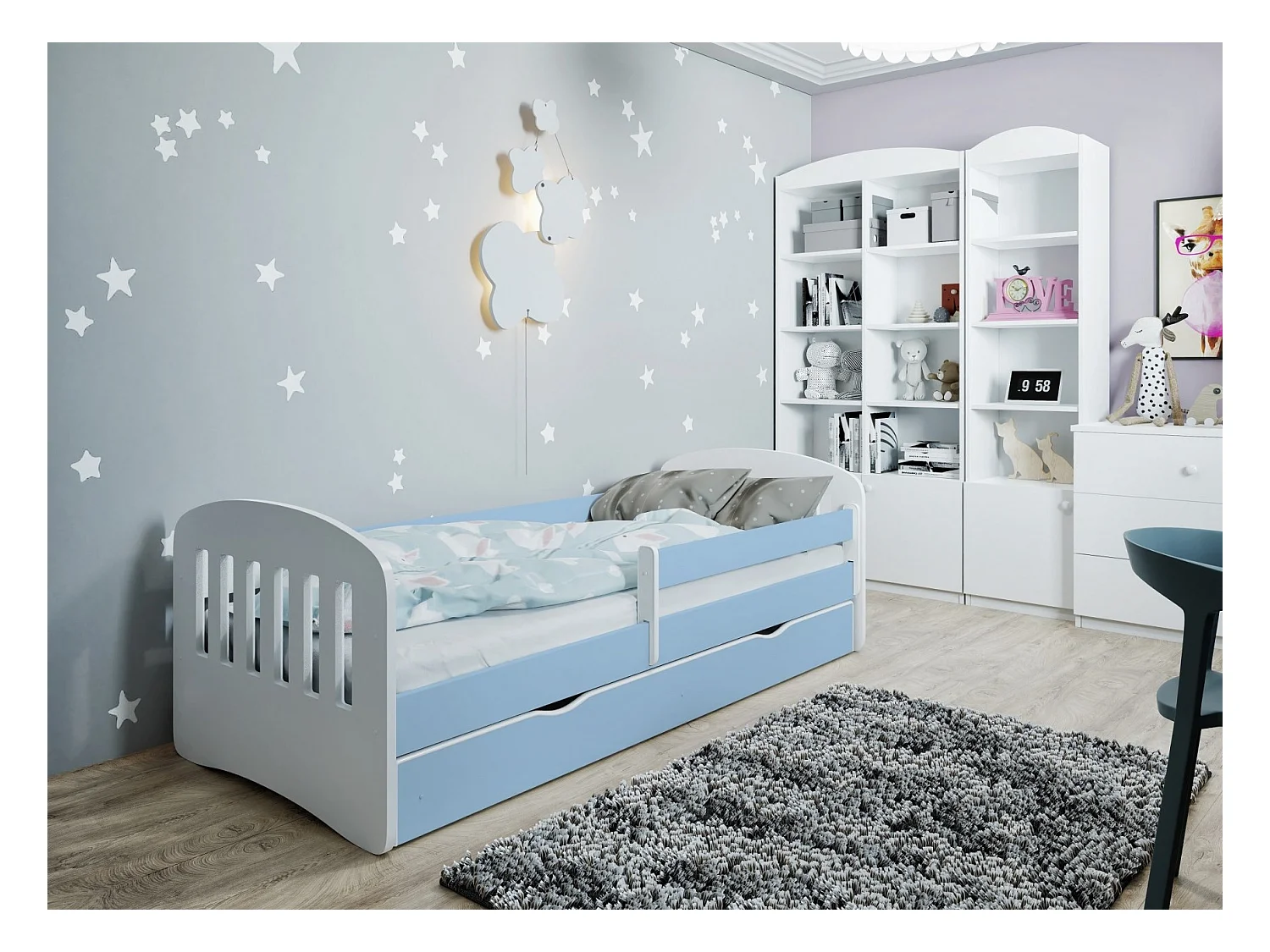 Lit enfant avec barrière de sécurité amovible bleu Klaky-80x140-Tiroirs Avec tiroir