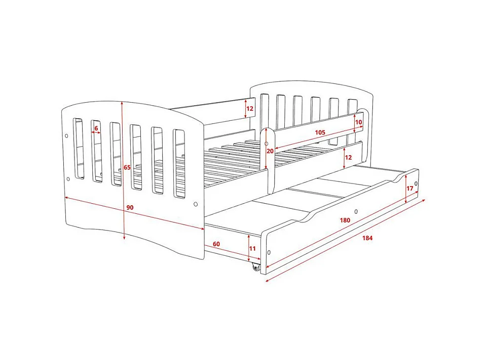 Lit enfant avec barrière de sécurité amovible blanc Klaky-Matelas mousse-80x180