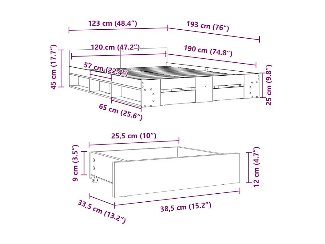 Cadre de lit et tiroirs sonoma gris 120x190 bois ingénierie