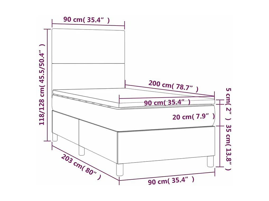 Sommier à lattes de lit avec matelas et LED Gris foncé 90x200