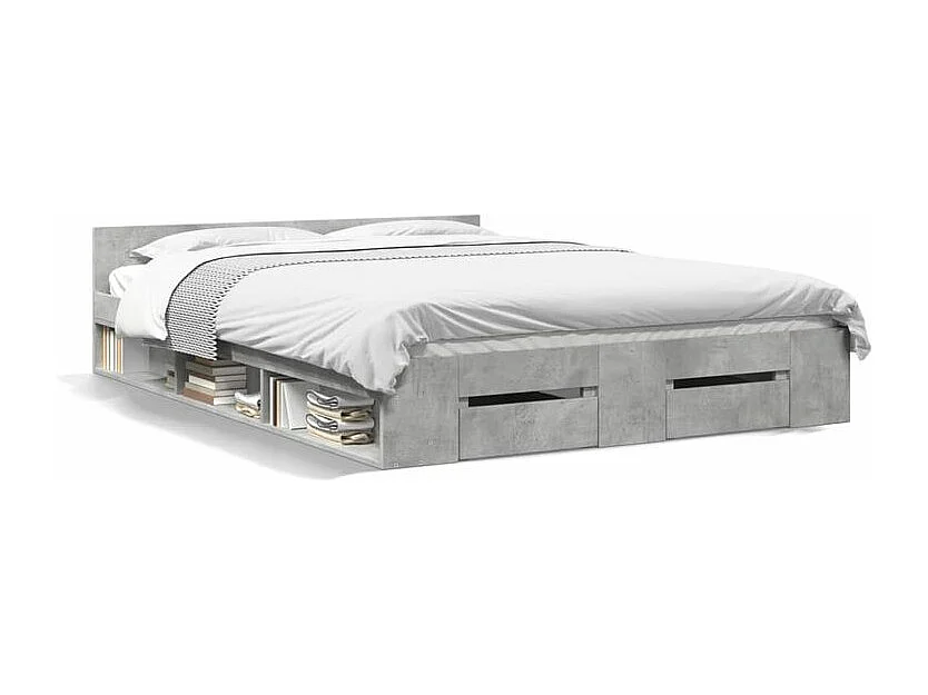 Cadre de lit et tiroirs gris béton 140x190 bois d'ingénierie