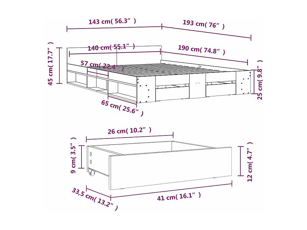Cadre de lit et tiroirs gris béton 140x190 bois d'ingénierie