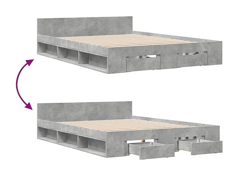 Cadre de lit et tiroirs gris béton 140x190 bois d'ingénierie