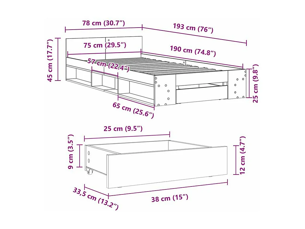 Cadre de lit et tiroir gris béton 75x190 bois d'ingénierie