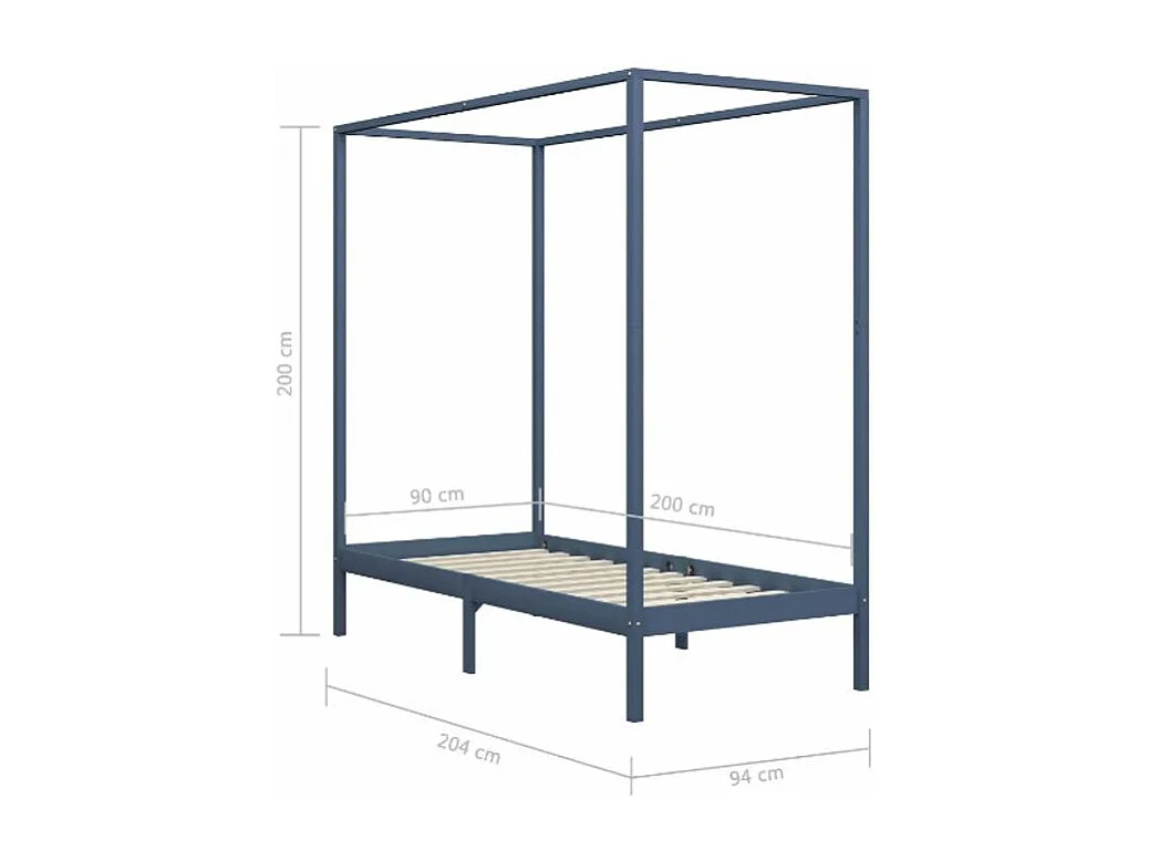 Lit à baldaquin pin massif gris Badat 90x200
