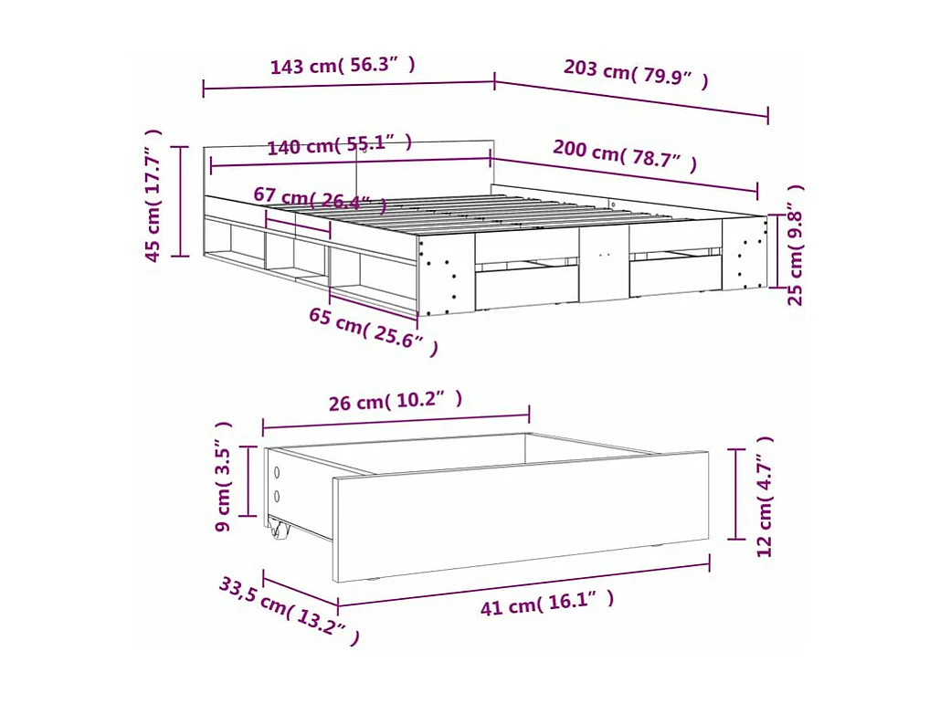 Cadre de lit à tiroirs chêne fumé 140x200 bois d'ingénierie