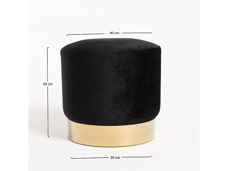 Pouf rond velours noir et pied métal doré mat Kila 39cm