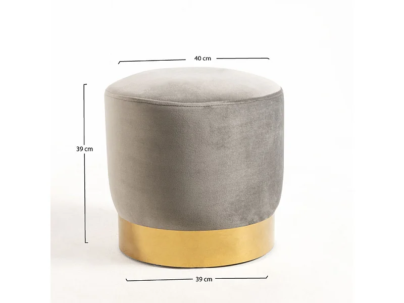 Pouf rond velours gris et pied métal doré mat Kila 39cm