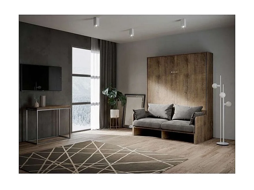 Lit escamotable vertical noyer avec canapé tissu Bounto-Microfibre 18-140x190