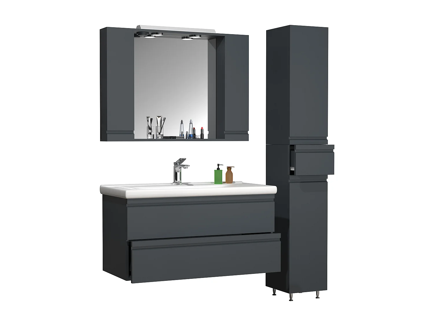 VCM 4 pcs Lavatório 100 cm mobília do banheiro conjunto lavatório handleable gaveta armário de espelho armário alto Silora XL (anthracite)