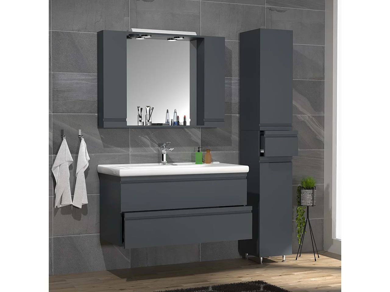VCM 4 pcs Lavatório 100 cm mobília do banheiro conjunto lavatório handleable gaveta armário de espelho armário alto Silora XL (anthracite)